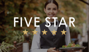 Five Star Logo and Waitress smiling while holding a salad