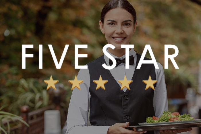 Five Star Logo and Waitress smiling while holding a salad
