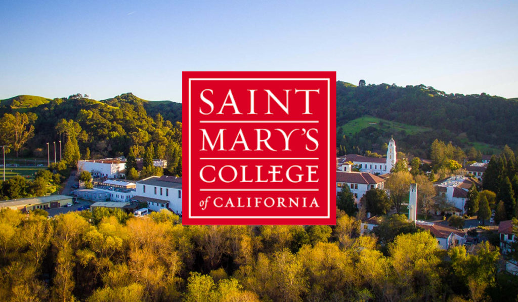 Saint Mary's College of California logo and overhead view of the college buildings