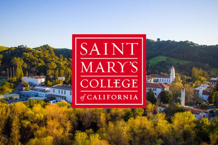 Saint Mary's College of California logo and overhead view of the college buildings