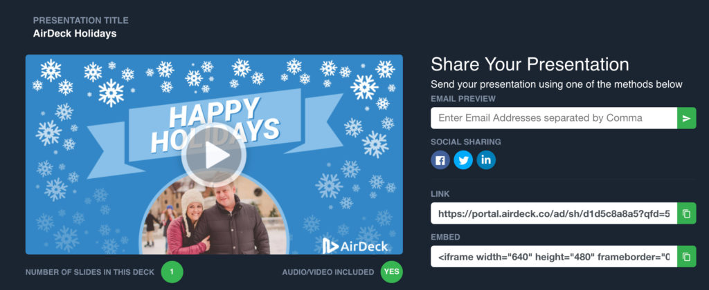 AirDeck Holidays Presentation Share Interface