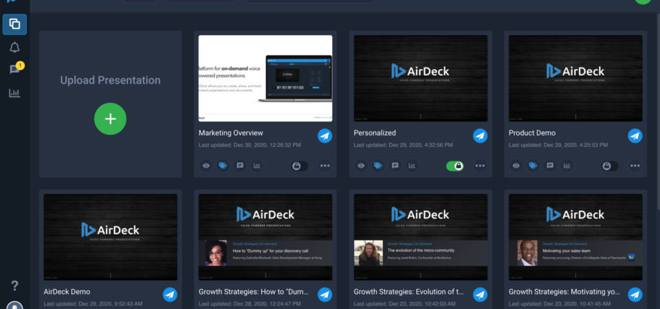 Upload presentation screen on AirDeck user interface