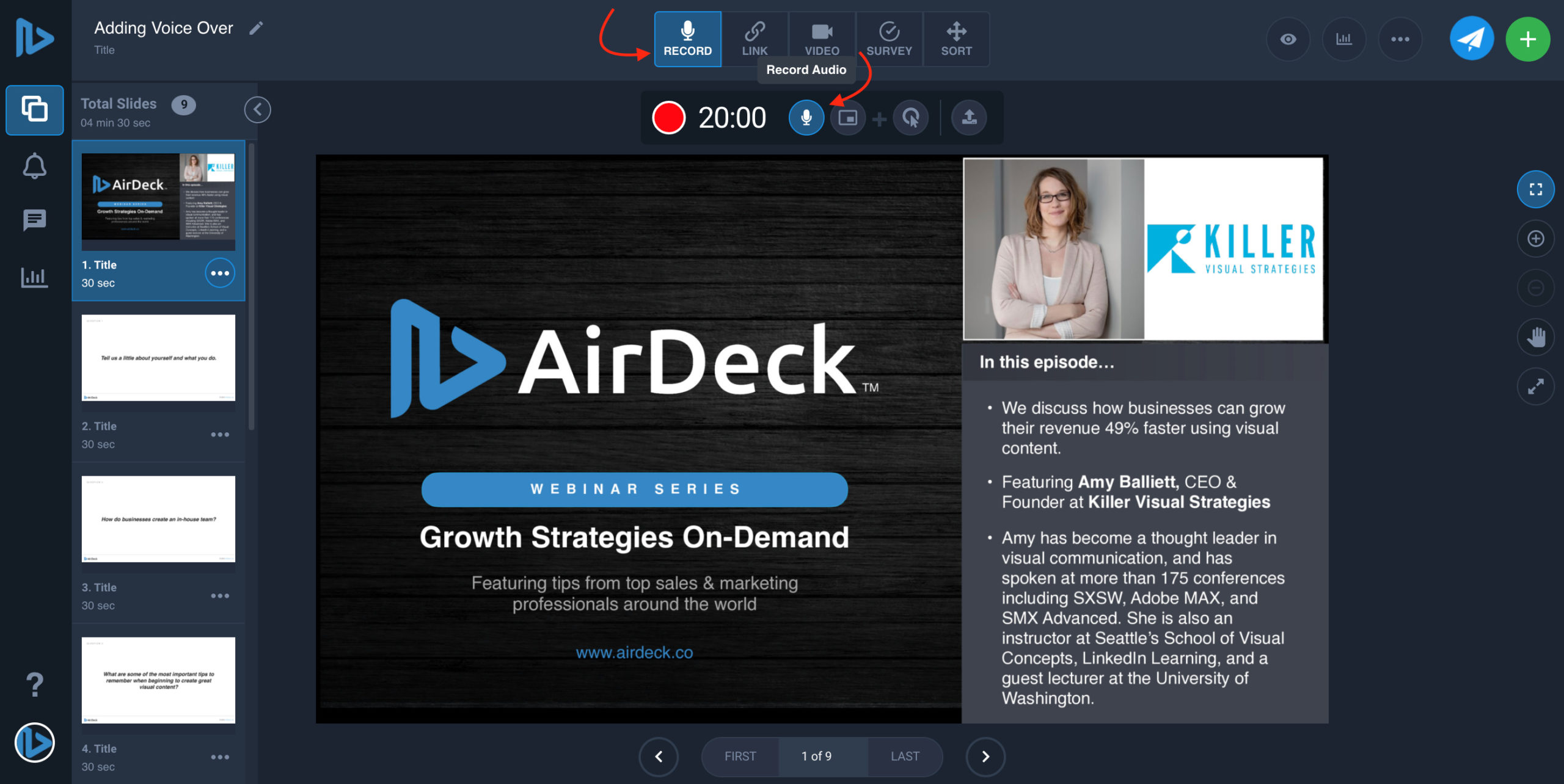 Arrow pointing to record button on AirDeck user interface