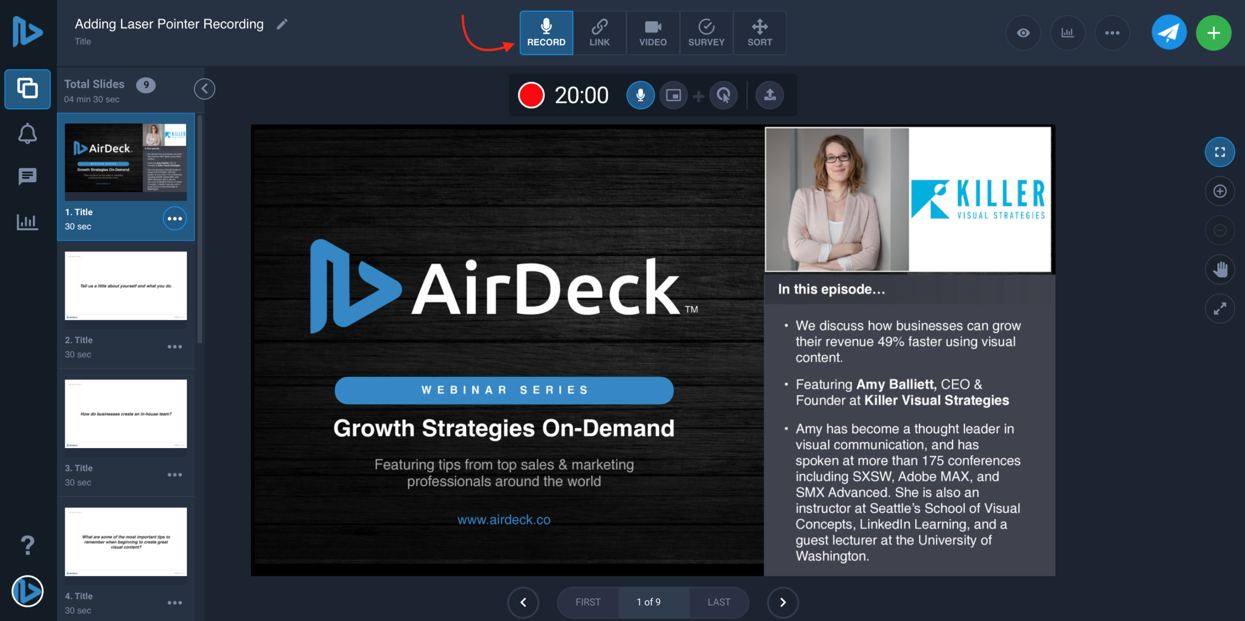 Arrow pointing to record button on AirDeck user interface