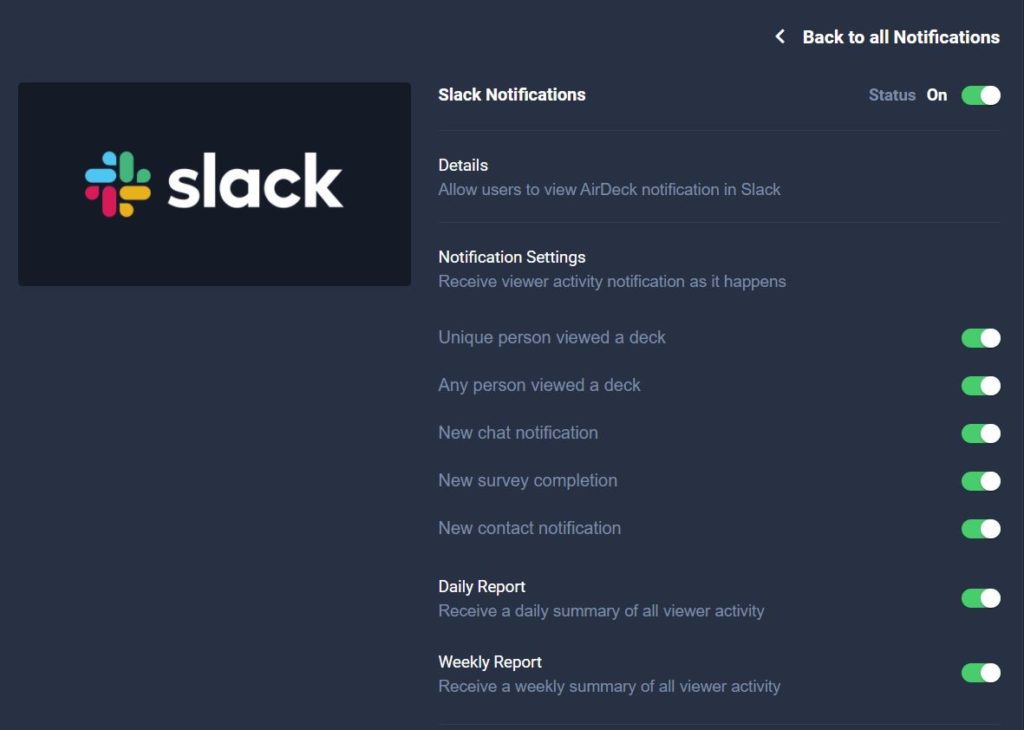 AirDeck settings panel for Slack integration
