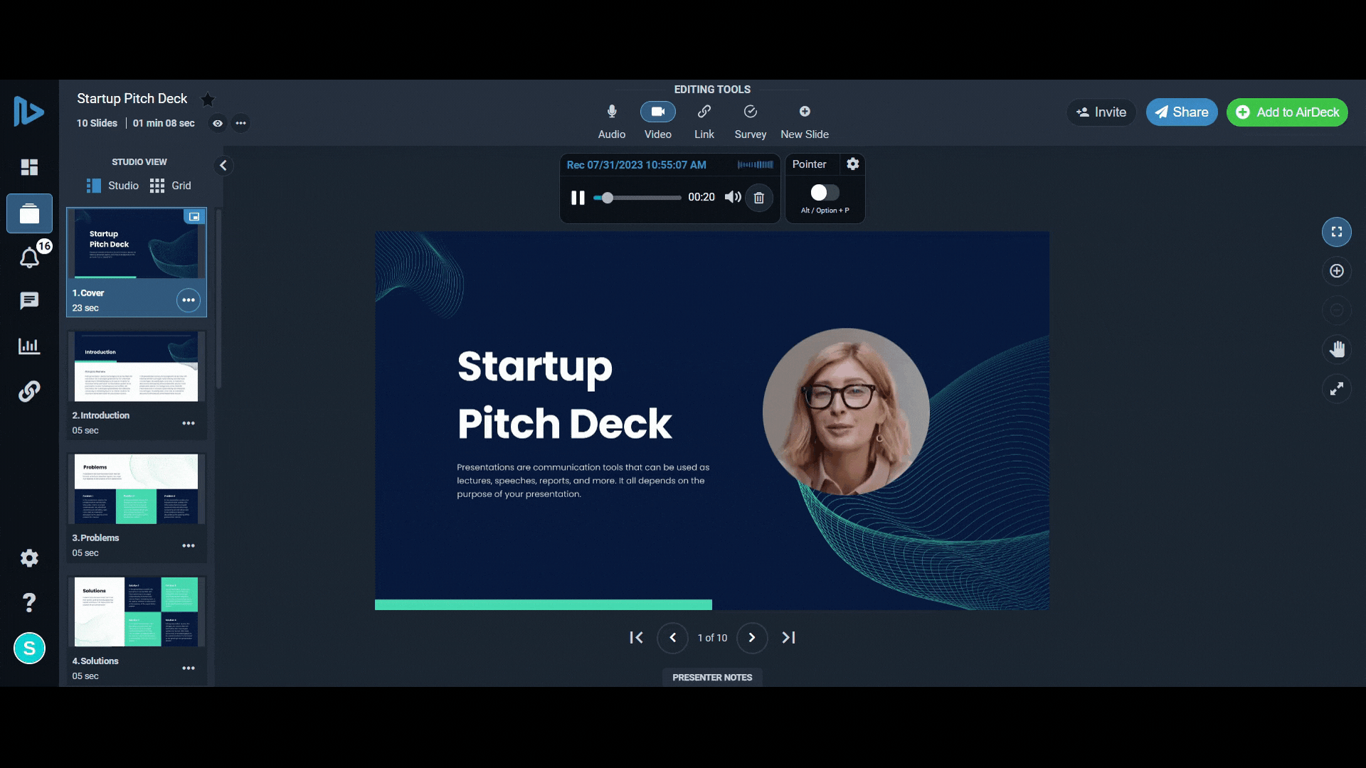 gif of a woman speaking over a pitch deck presentation using AirDeck